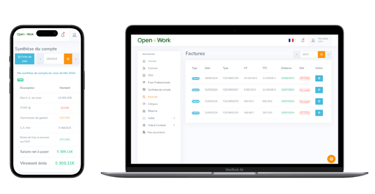 Interface de l'application Open Work montrée sur un smartphone et un ordinateur portable, pour la gestion du portage salarial.